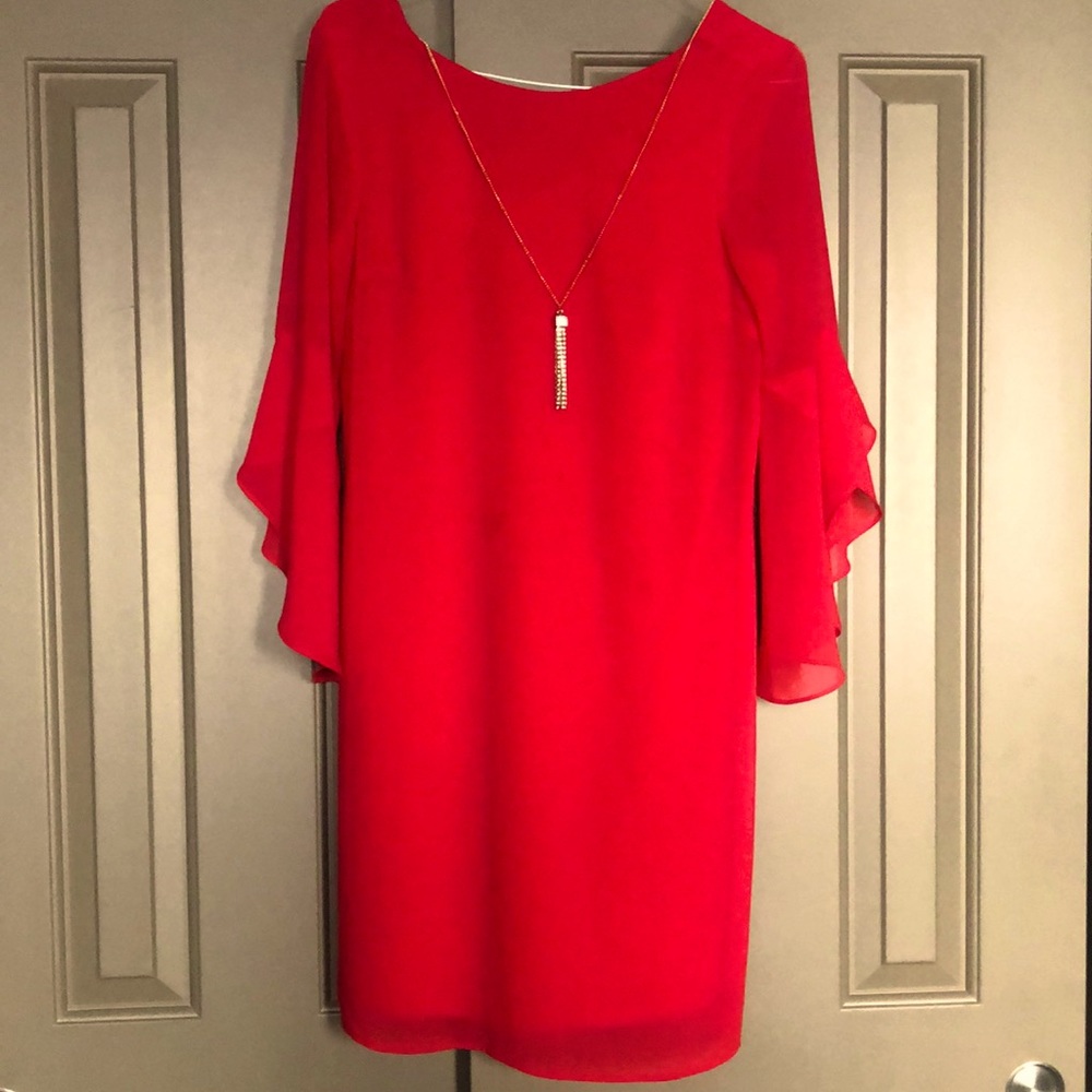Thalia Sodi Flared Sleeve Necklace Shift Dress Lipstick Red Medium